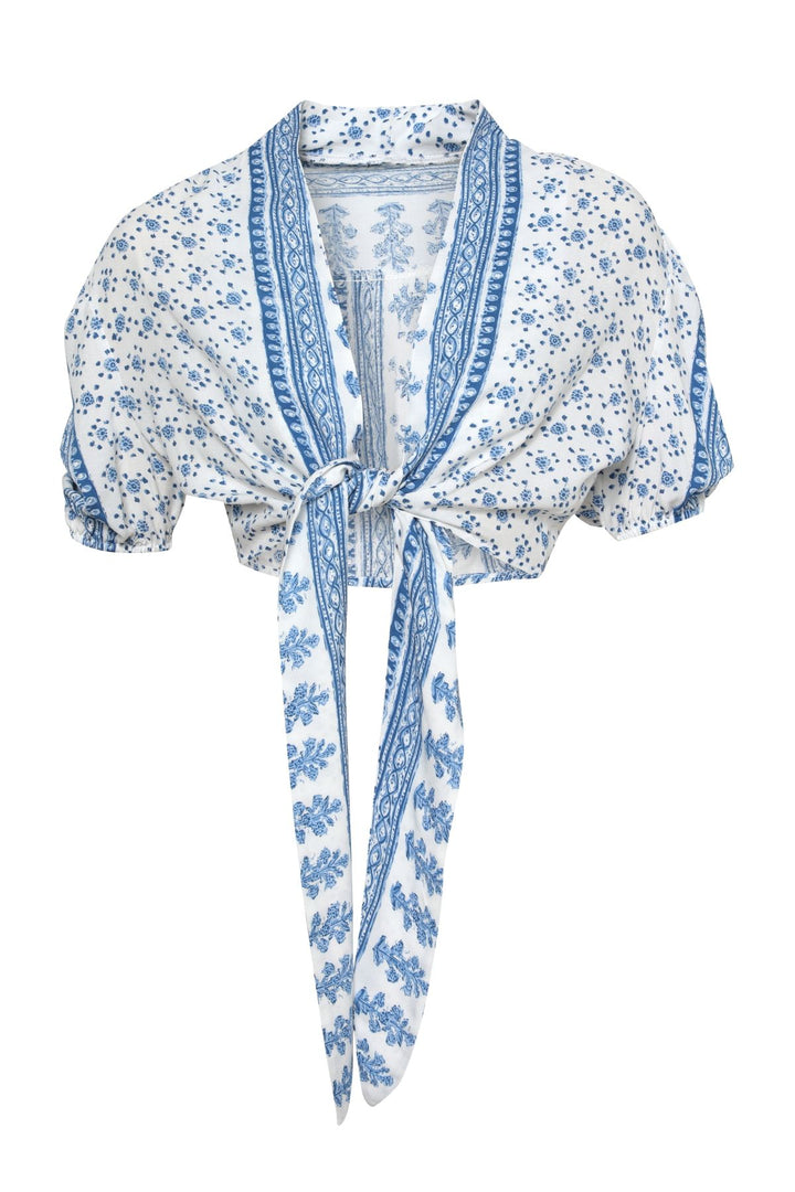 Patterned Tie Crop Blouse Blue
