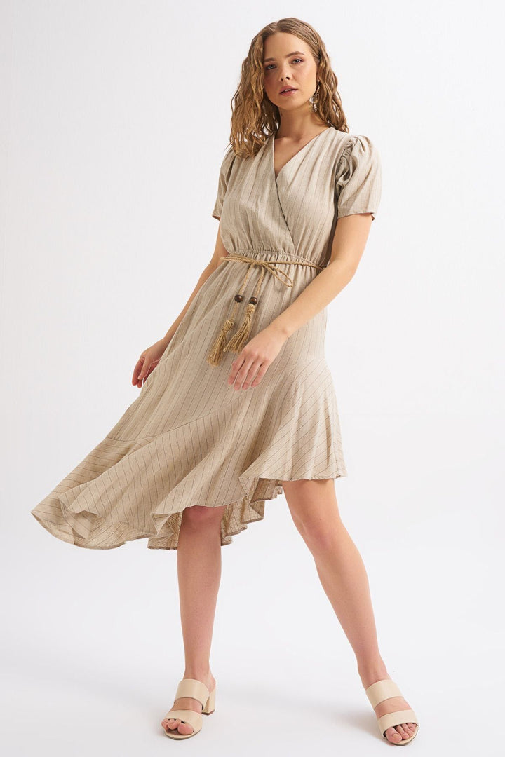 Straw Belt Double Breasted Linen Dress Natural