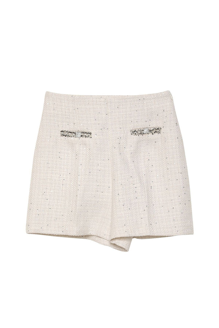 Sequin Detailed Tweed Shorts Ecru