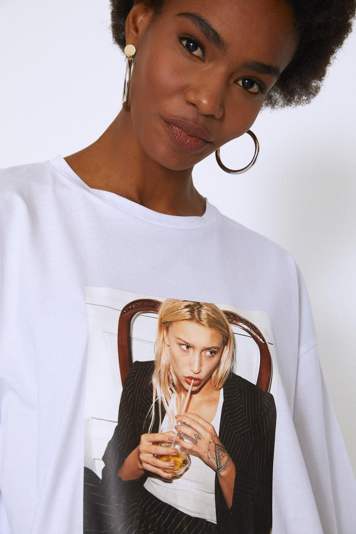 Oversize Baskılı Tişört Beyaz