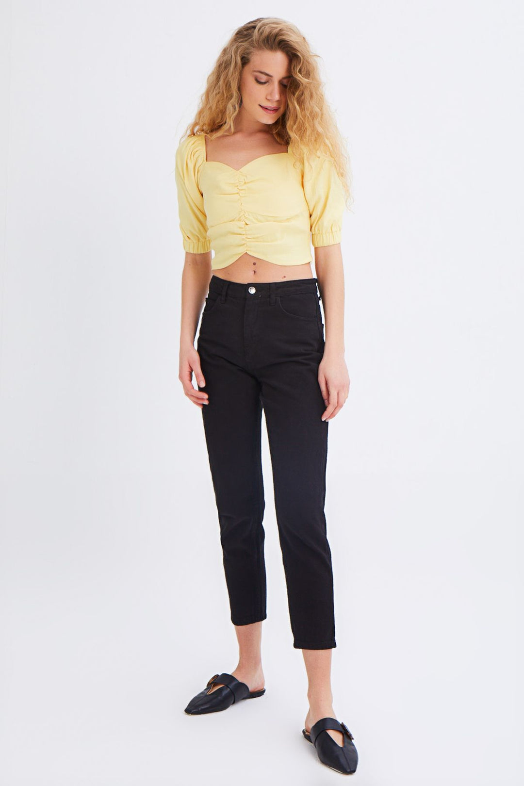 Balloon Sleeve Gipe Detailed Blouse Yellow