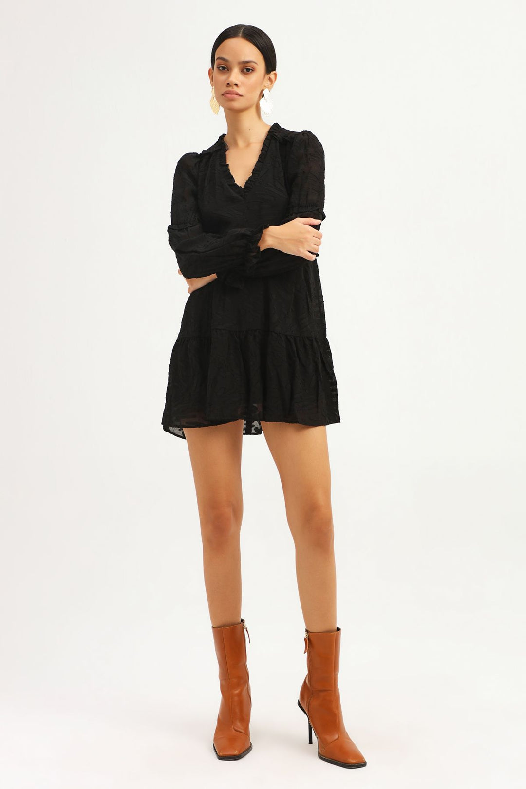 V Neck Frilly Dress Black