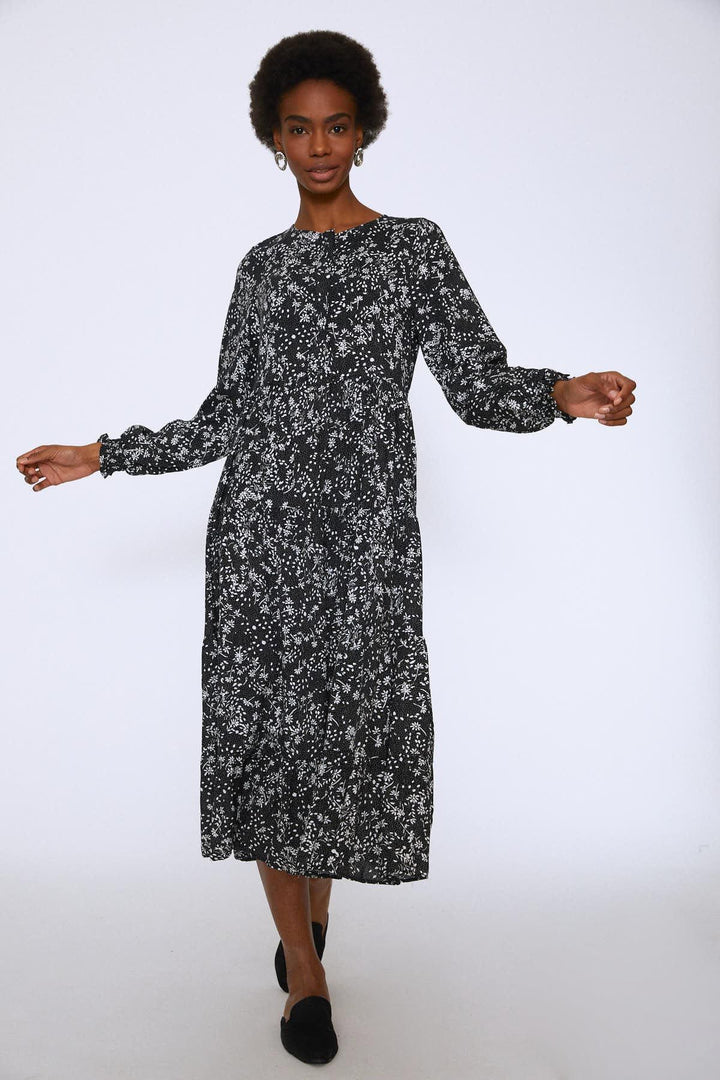 Crispy Floral Midi Dress Black