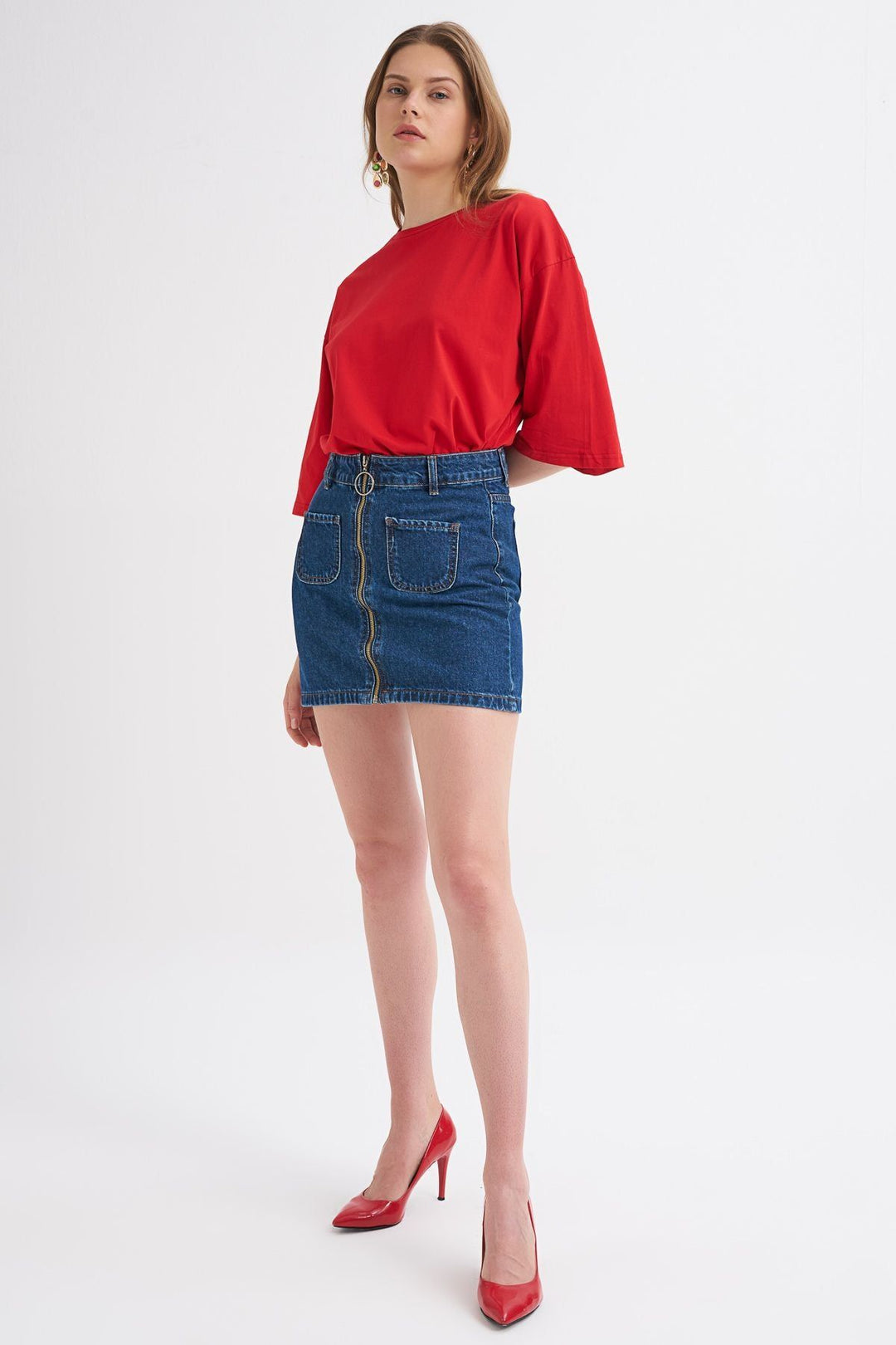 Önü Fermuarlı Kot Etek Koyu Mavi