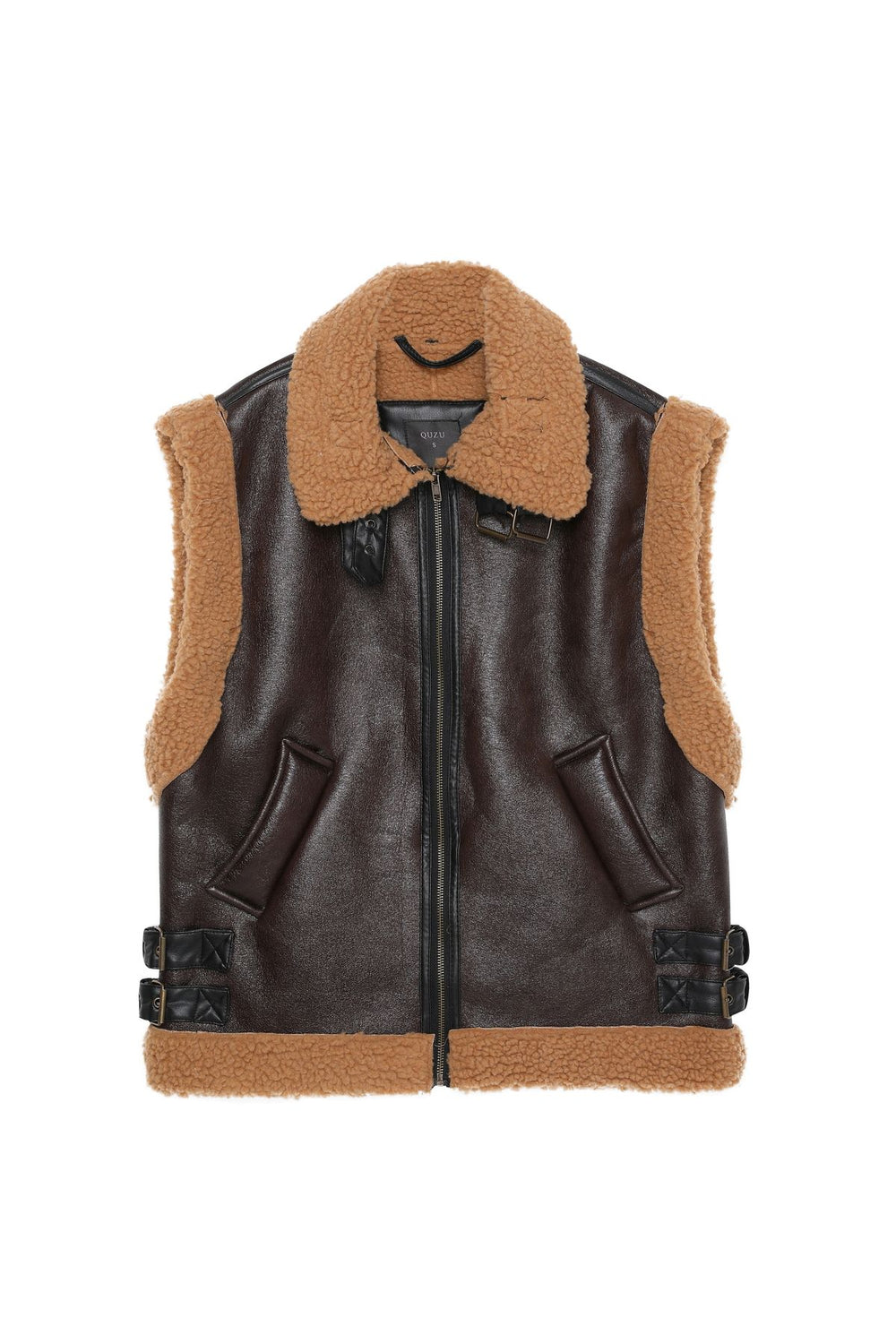 Furry Leather Vest Jacket Brown