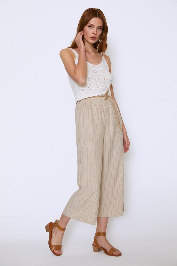 Hasır Kemerli Keten Pantolon Bej