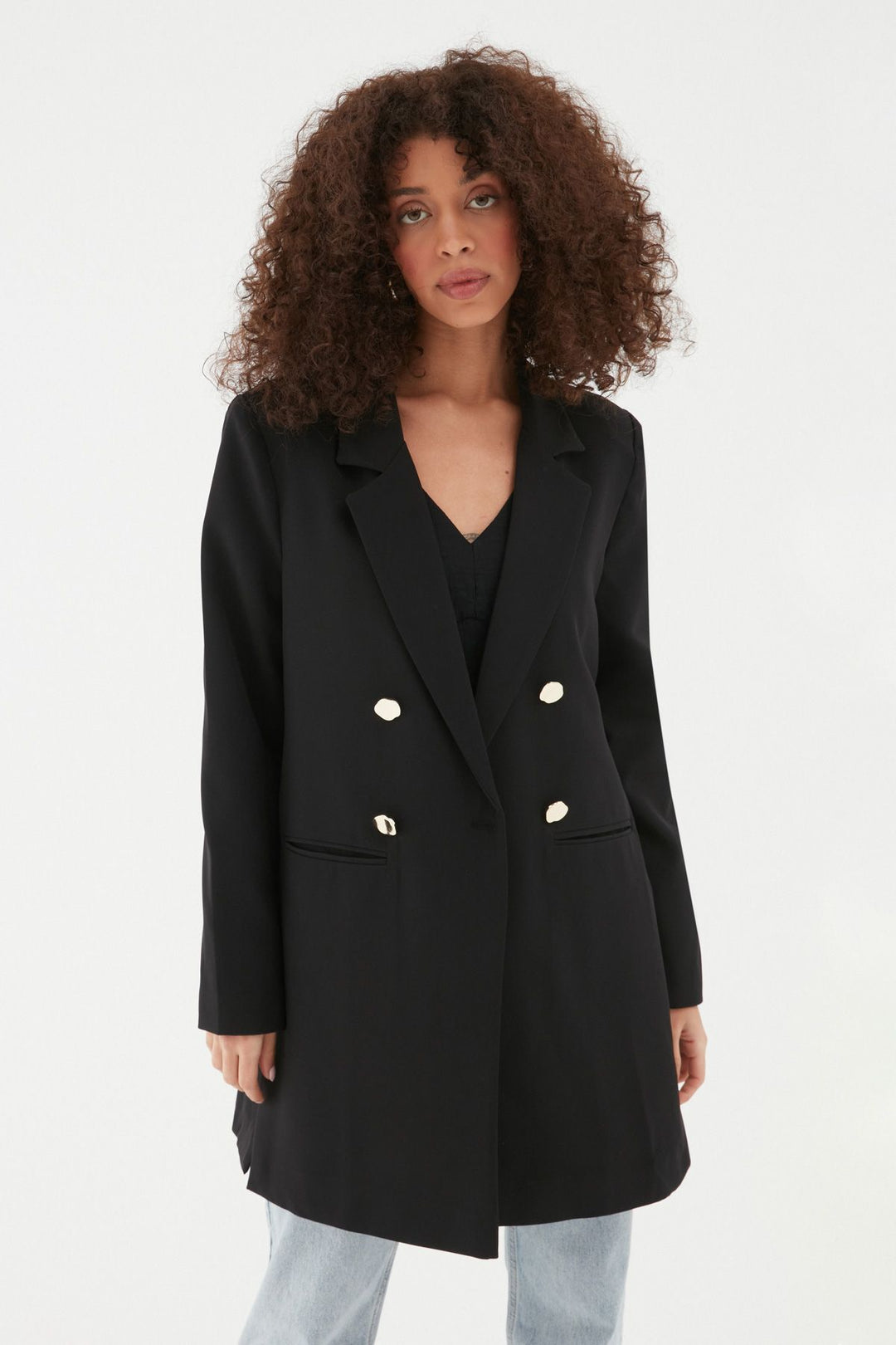 Yanı Yırtmaçlı Uzun Blazer Ceket Siyah