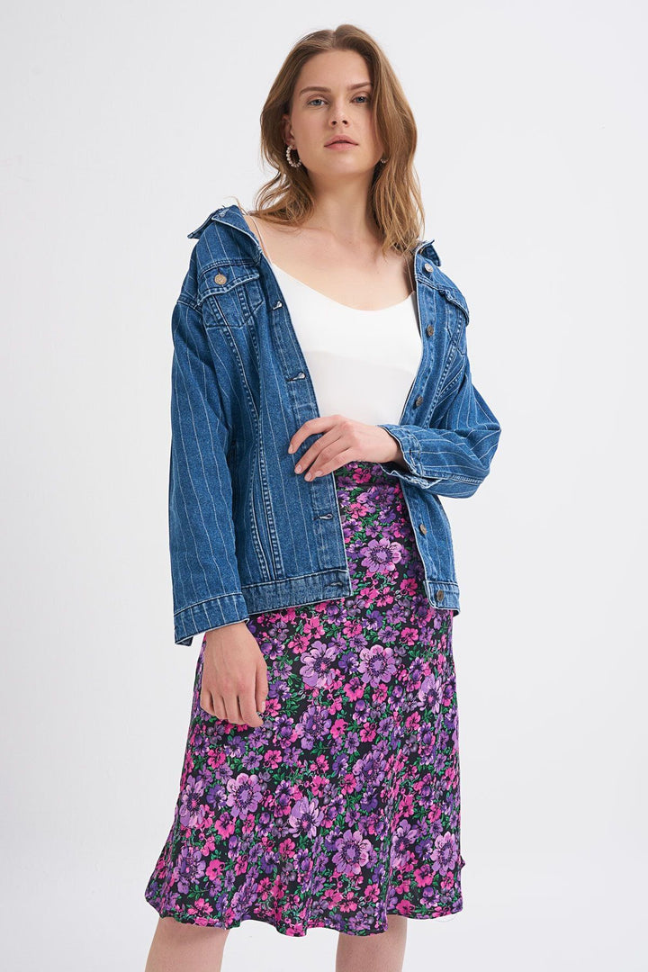 Striped Long Denim Jacket Dark Blue