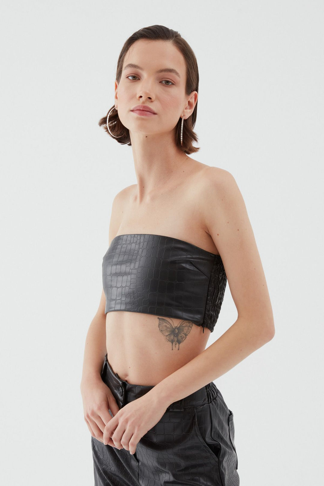 Dokulu Deri Büstiyerli Blazer Ceket Siyah