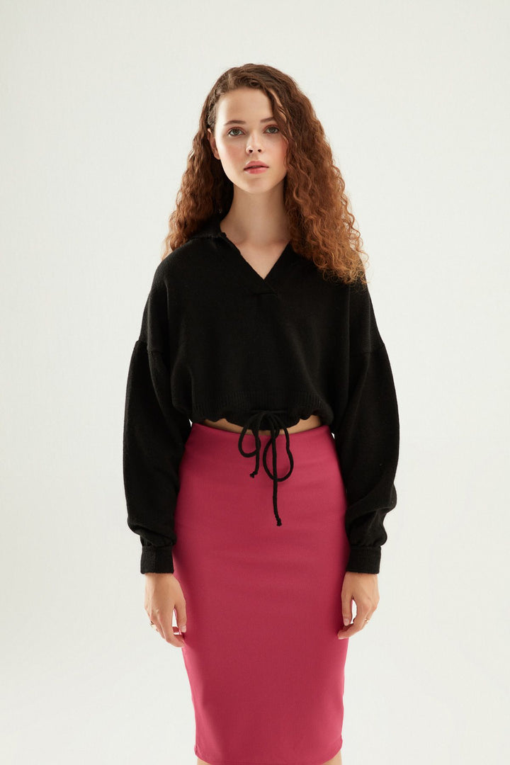 Polo Yaka Beli Büzgülü Triko Siyah