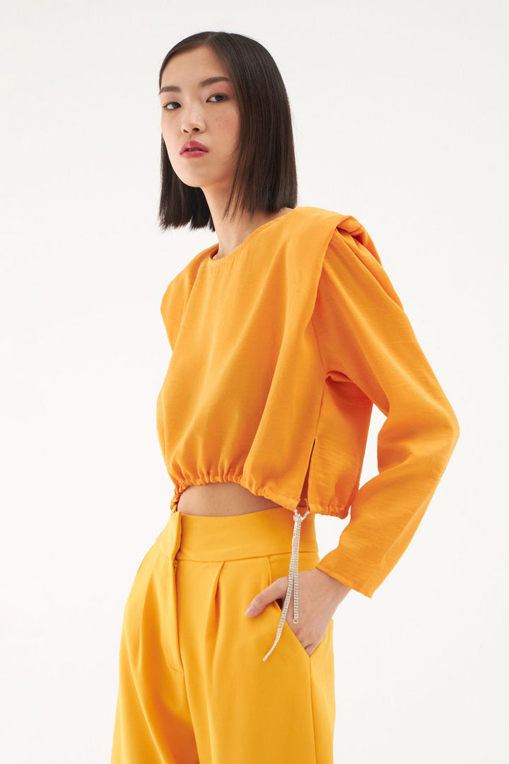 Waist Pleated Waistband Blouse Orange