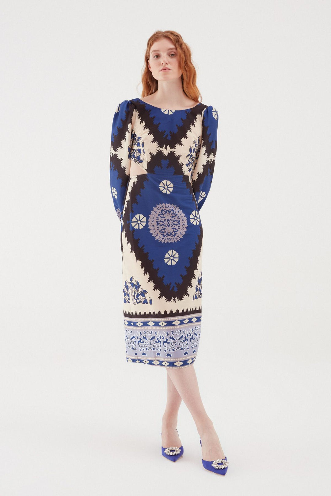 Desenli Cut Out Midi Elbise Lacivert