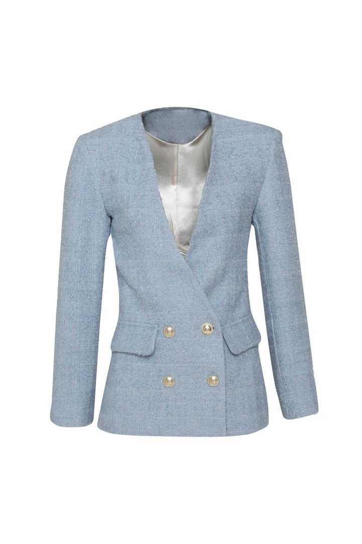 Double Breasted Tweed Blazer Jacket Blue