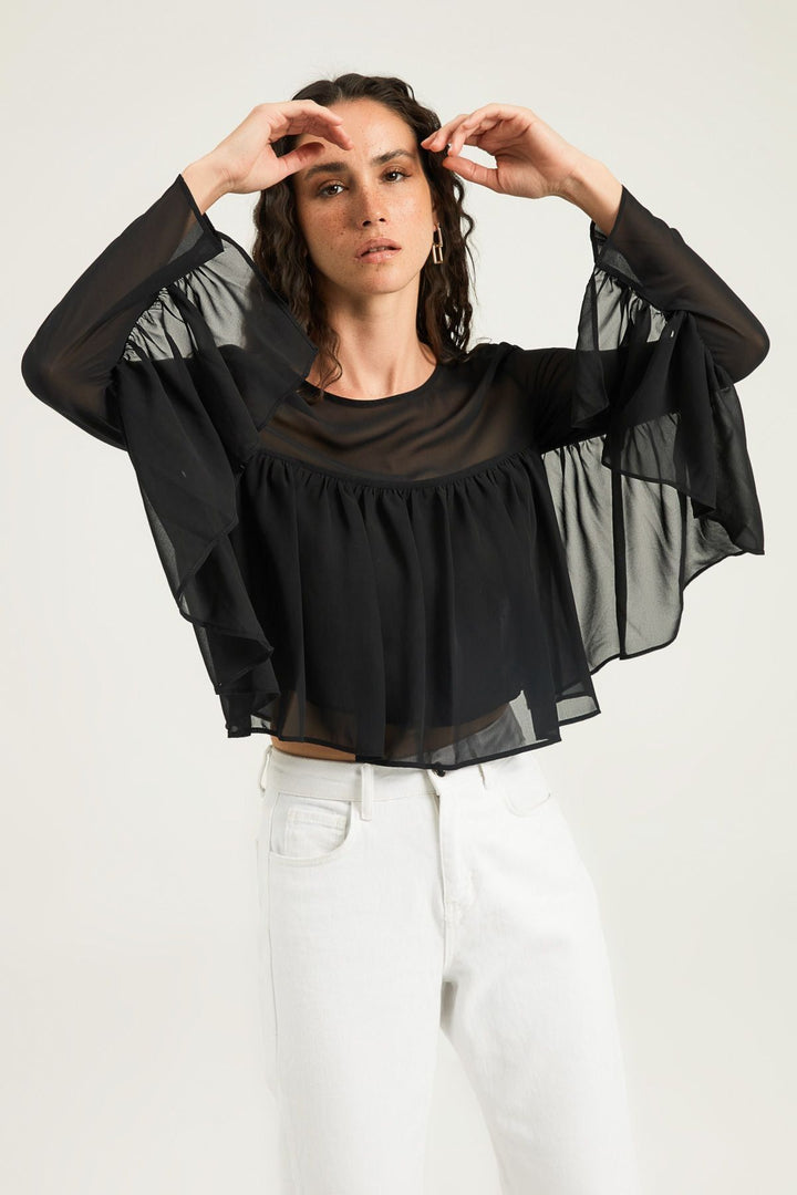Fırfırlı Bisiklet Yaka Bluz Siyah
