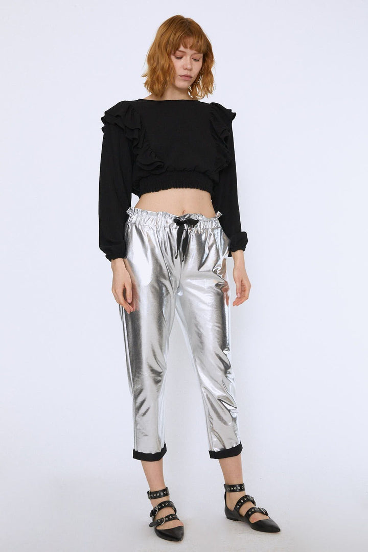 Tie Waist Pocket Jogger Pants Silver