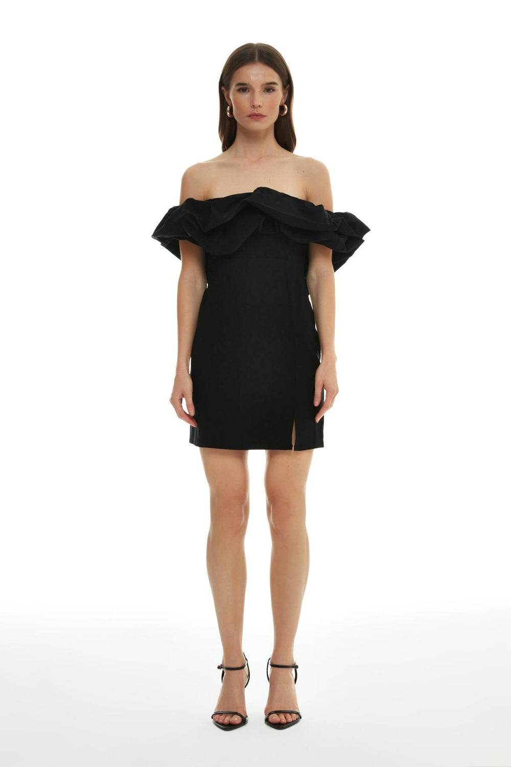 Frill Detailed Strapless Mini Dress Black