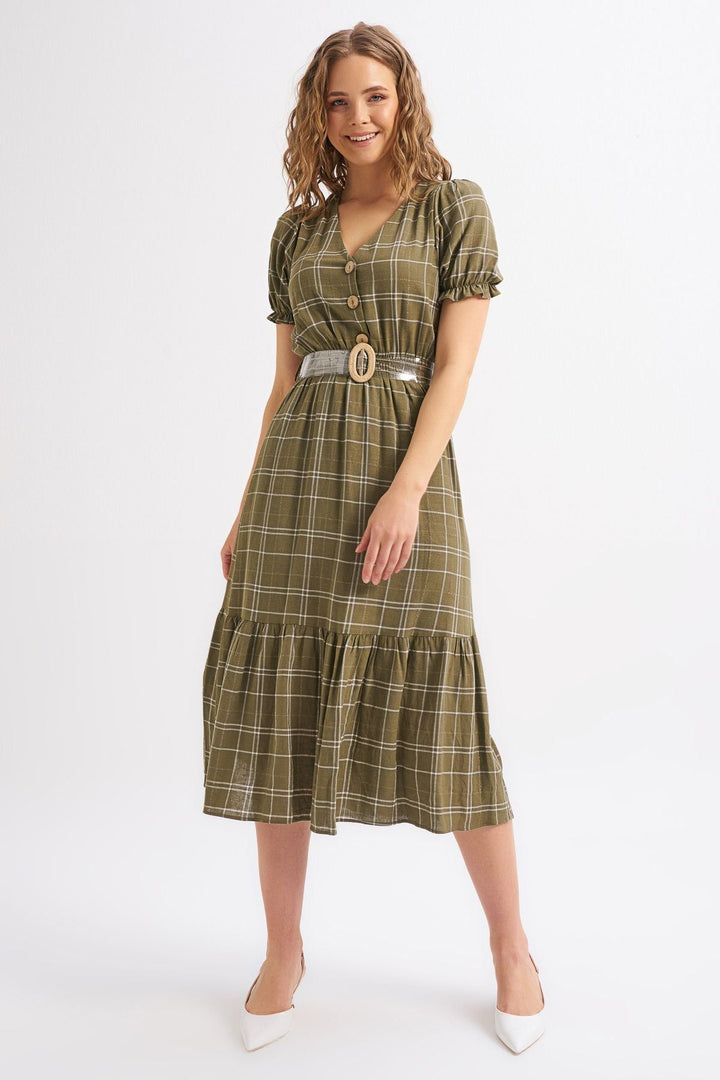 Balon Kol Kemerli Keten Elbise Haki