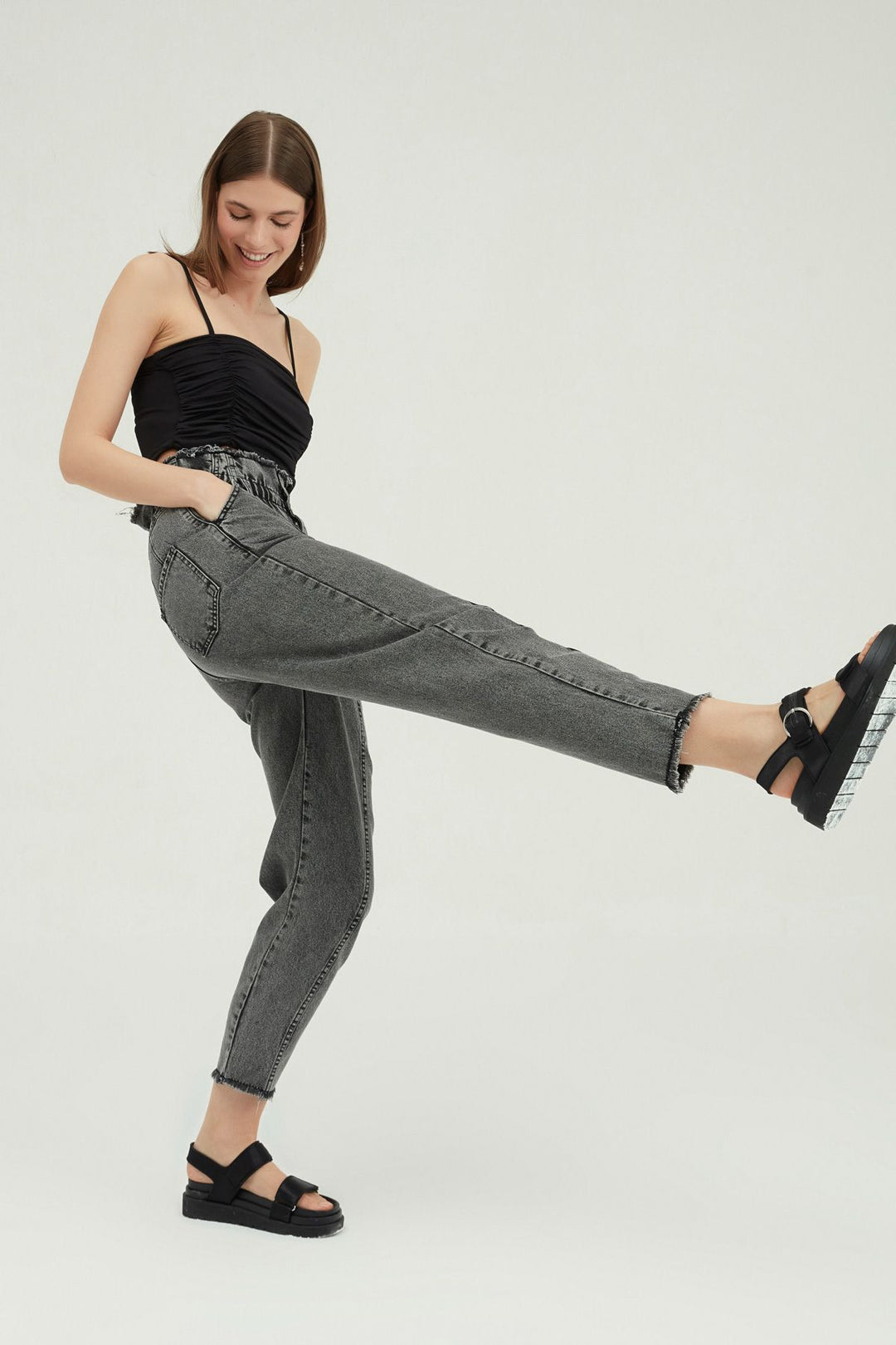 Beli Lastikli Mom Pantolon Gri