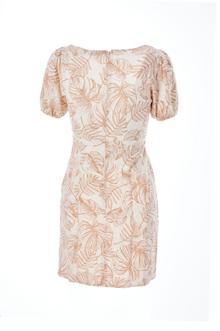 Desenli Toka Detaylı Mini Elbise Bej