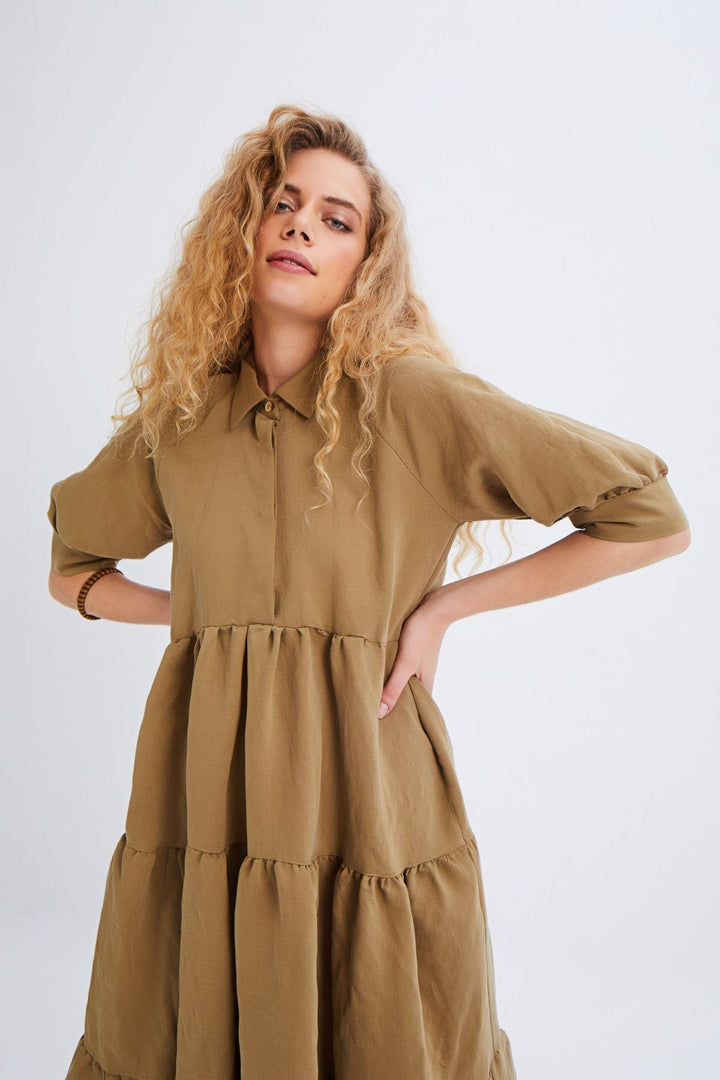 Shirt Collar Raglan Sleeve Dress Khaki