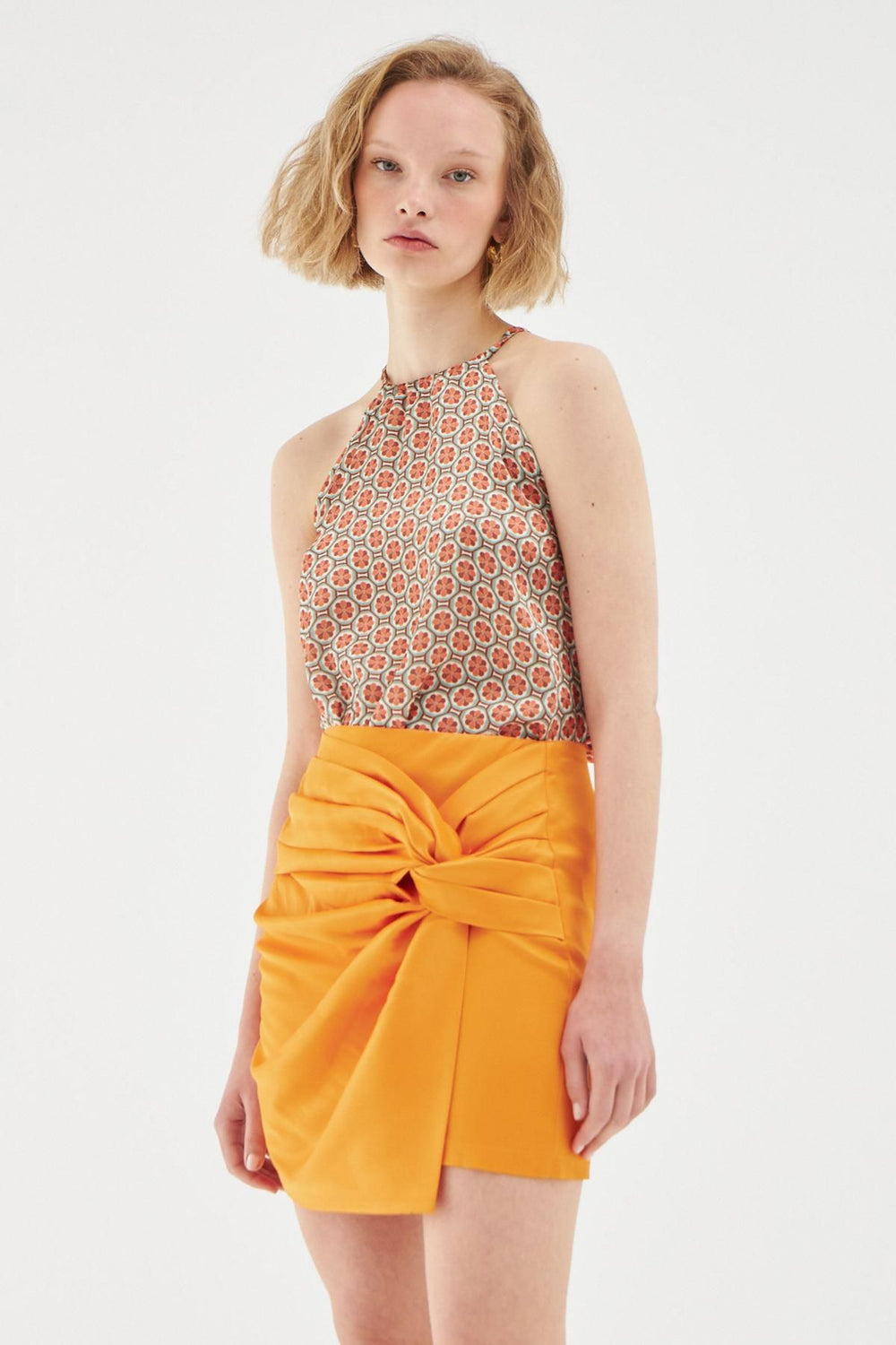 Satin Pleated Mini Skirt Orange