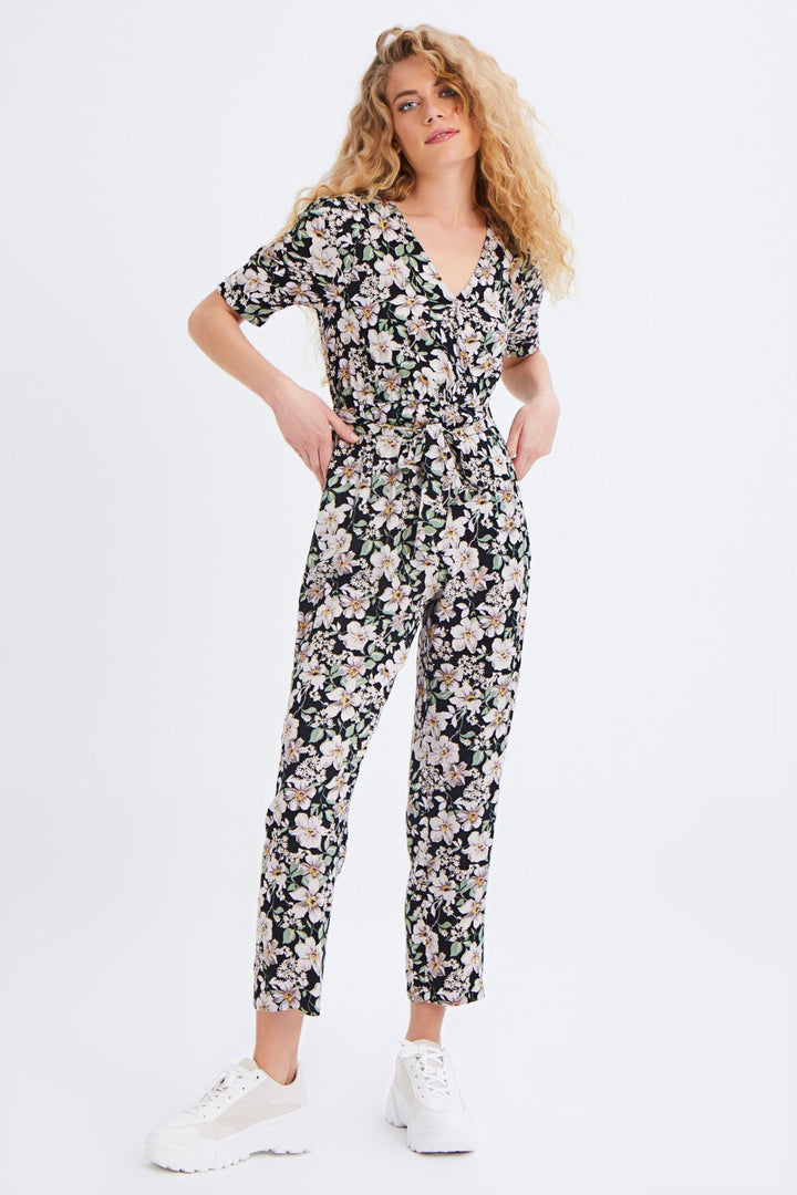 Patterned Waist Belted Double Breasted Jumpsuit Black