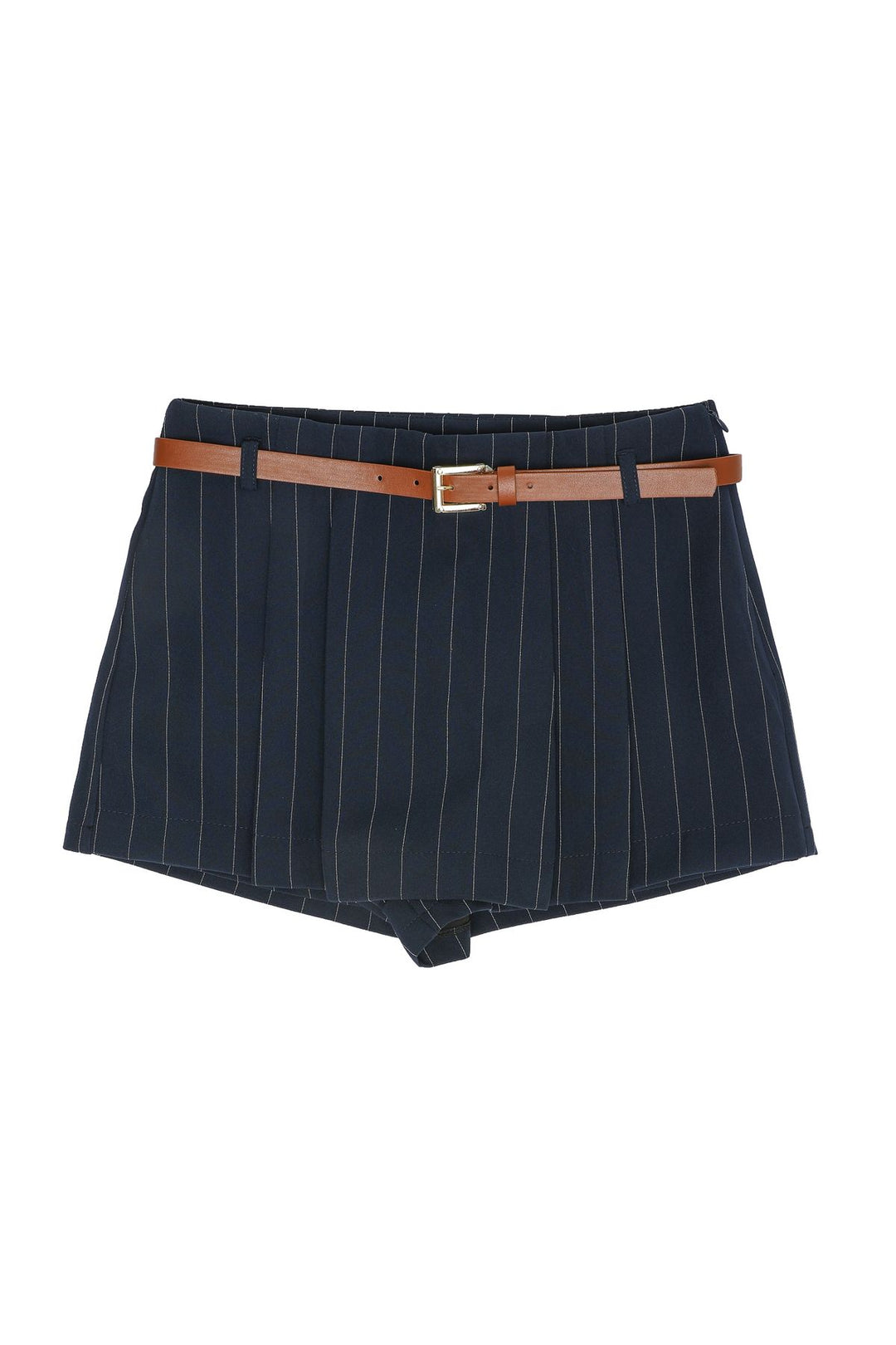 Belt Detailed Striped Short Skirt Navy Blue