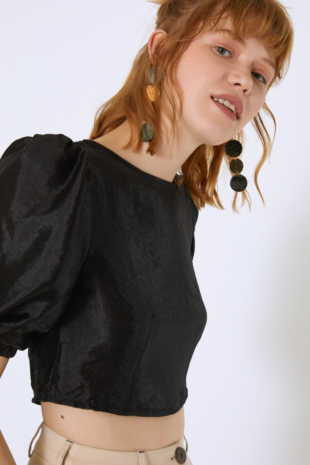 Balloon Sleeve Crop Blouse Black