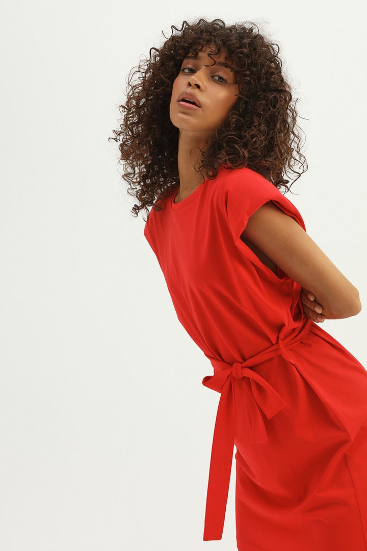 Waistband Waist Belted Basic Dress Red