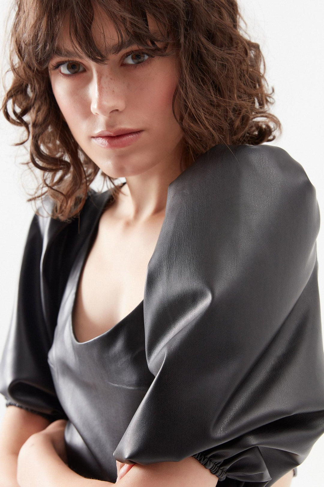 Deri Balon Kol Bluz Siyah