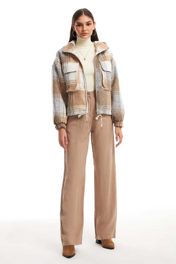 Checkered Hooded Coat Brown