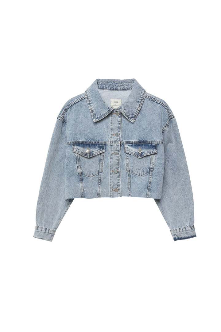 Crop Detailed Crop Denim Jacket Blue
