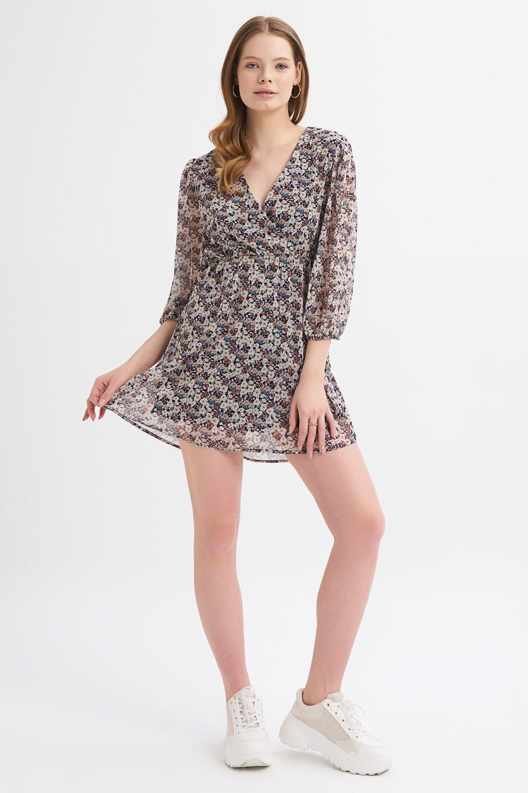 Crispy Floral Double Breasted Midi Dress Black