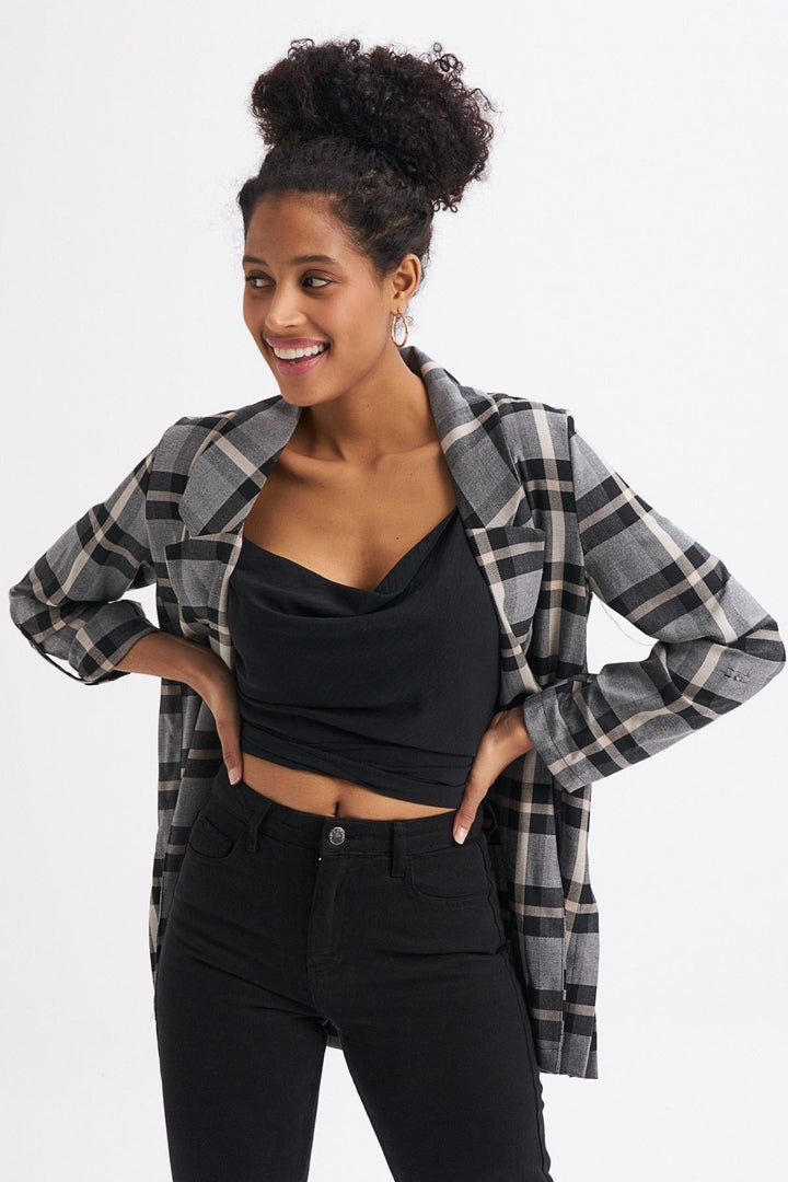 Ekose Blazer Ceket Gri