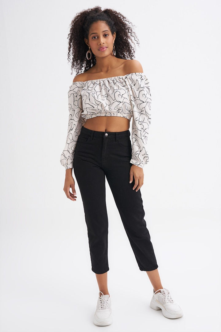 Patterned Tie Back Crop Blouse Ecru