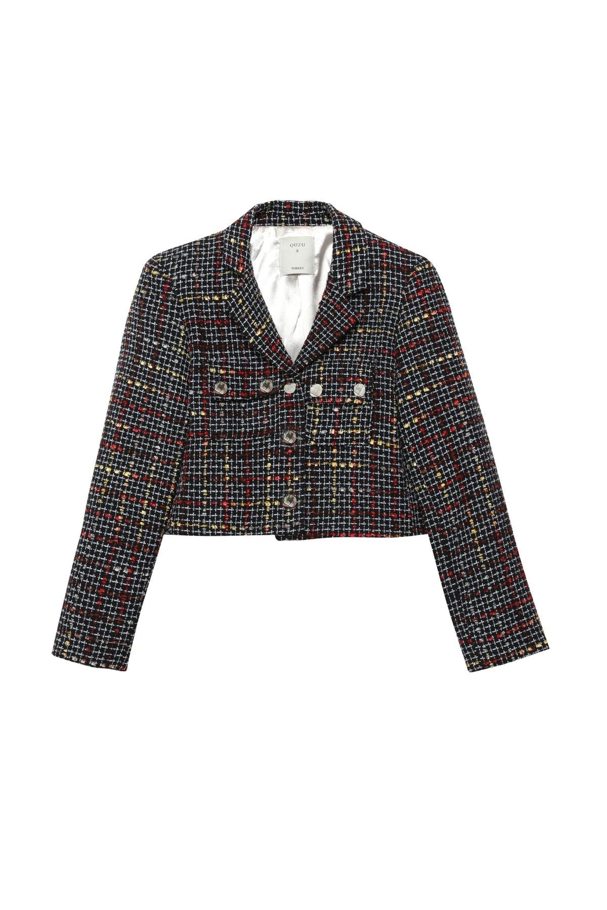 Button Detailed Tweed Blazer Jacket Black