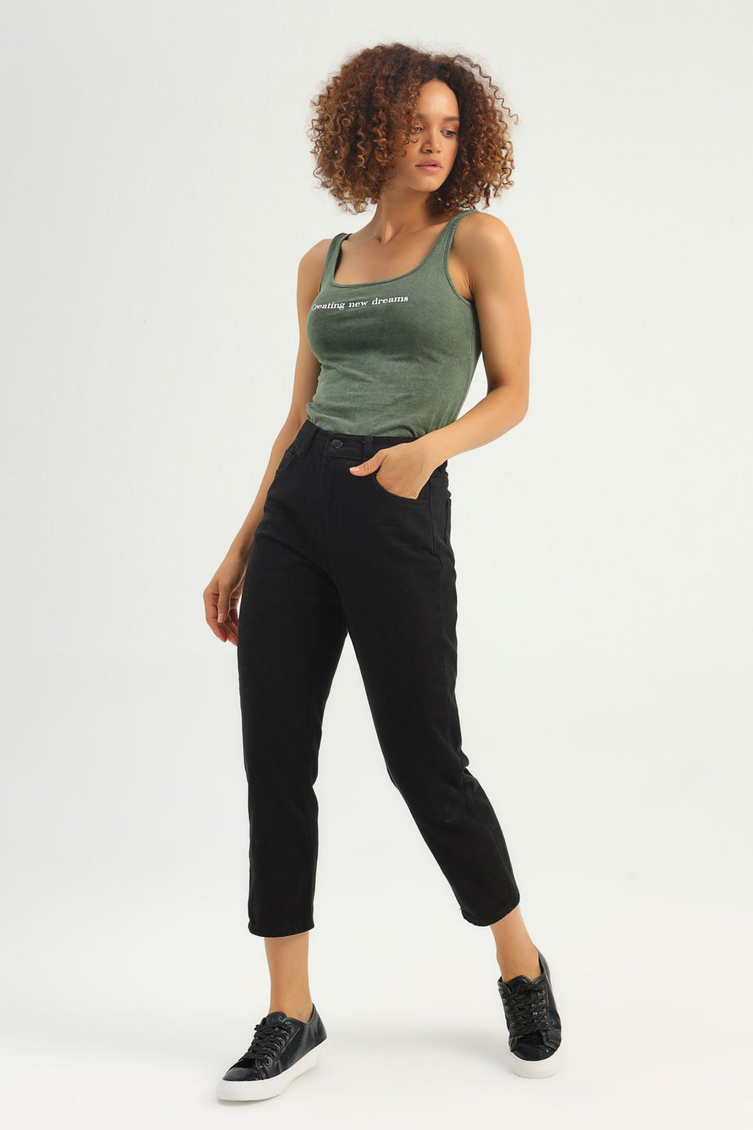 Letter Printed Strap Bodysuit Khaki