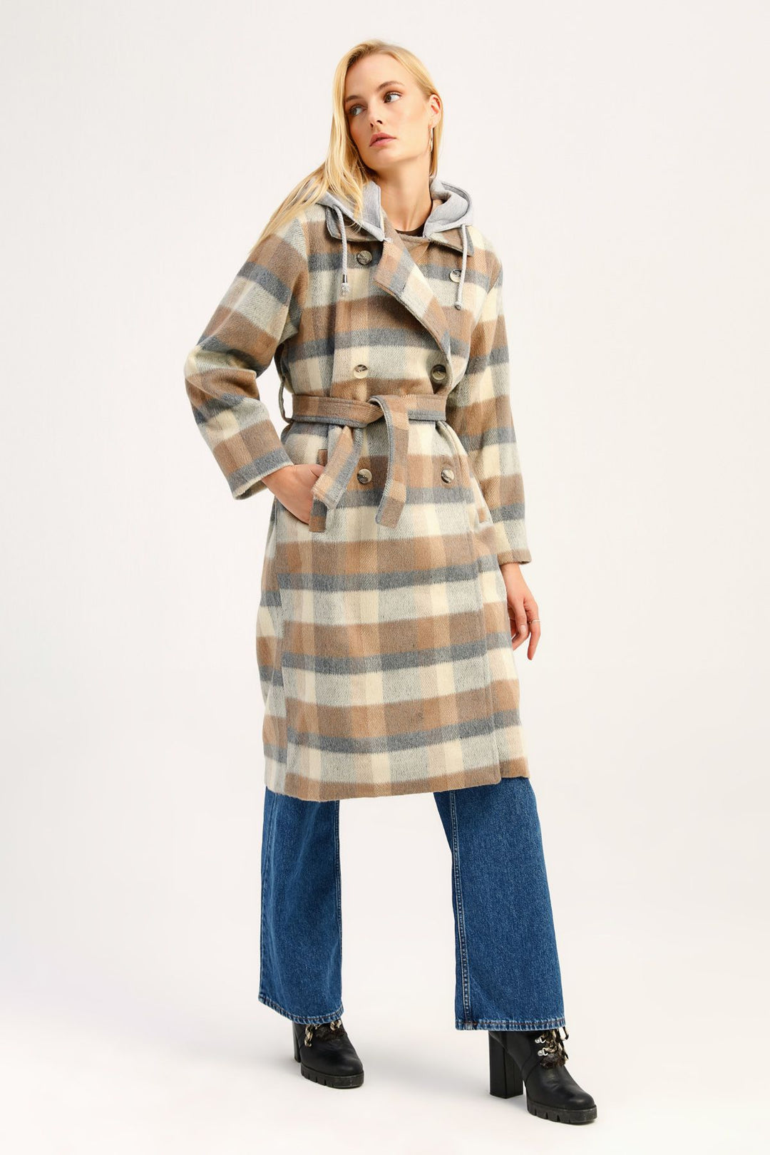 Plaid Hooded Cachet Coat Beige