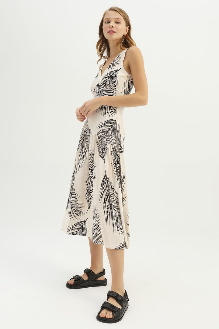 Patterned V-Neck Slit Dress Beige