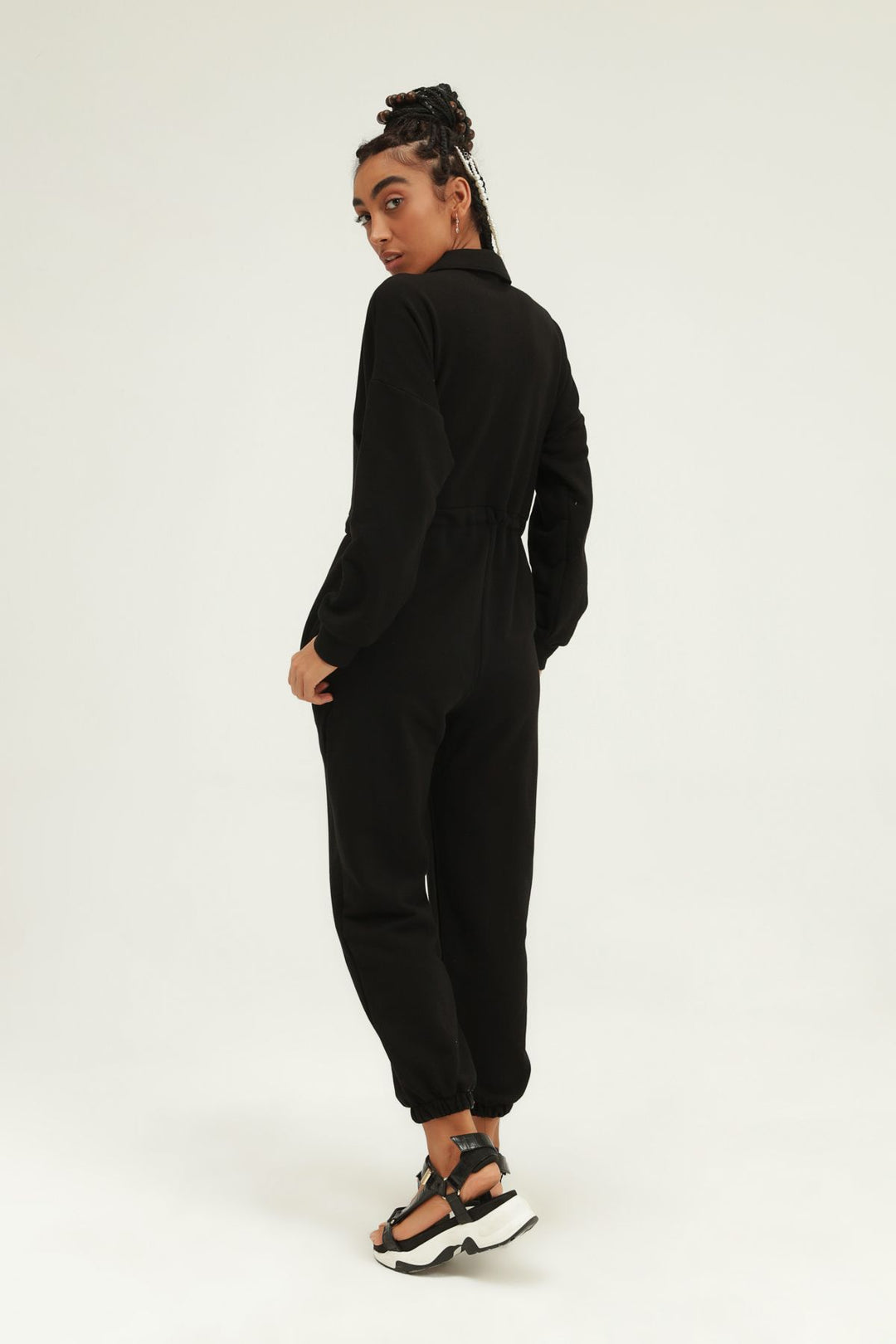 Beli Büzgülü Gömlek Yaka Tulum Siyah