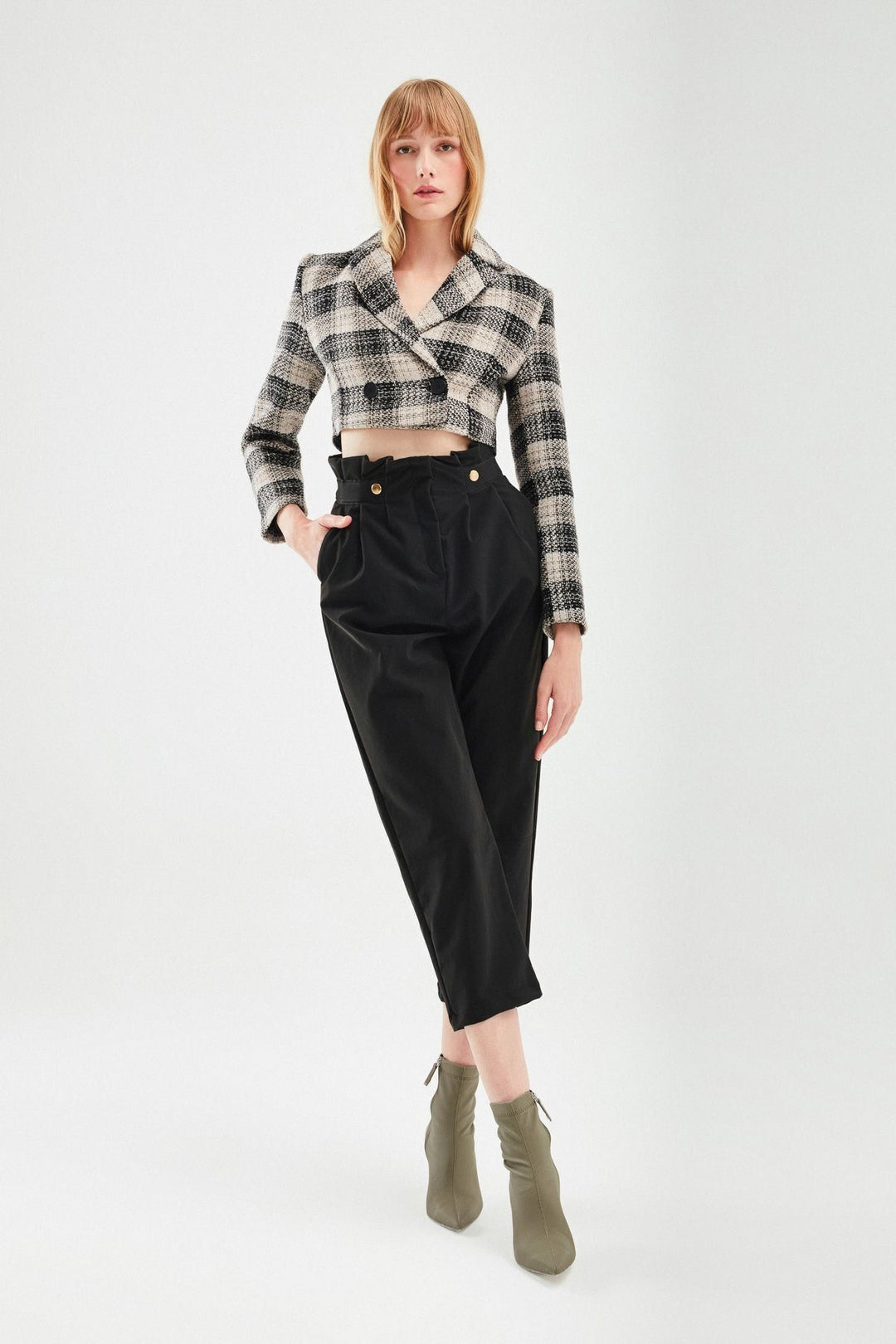 Ekose Crop Blazer Ceket Siyah