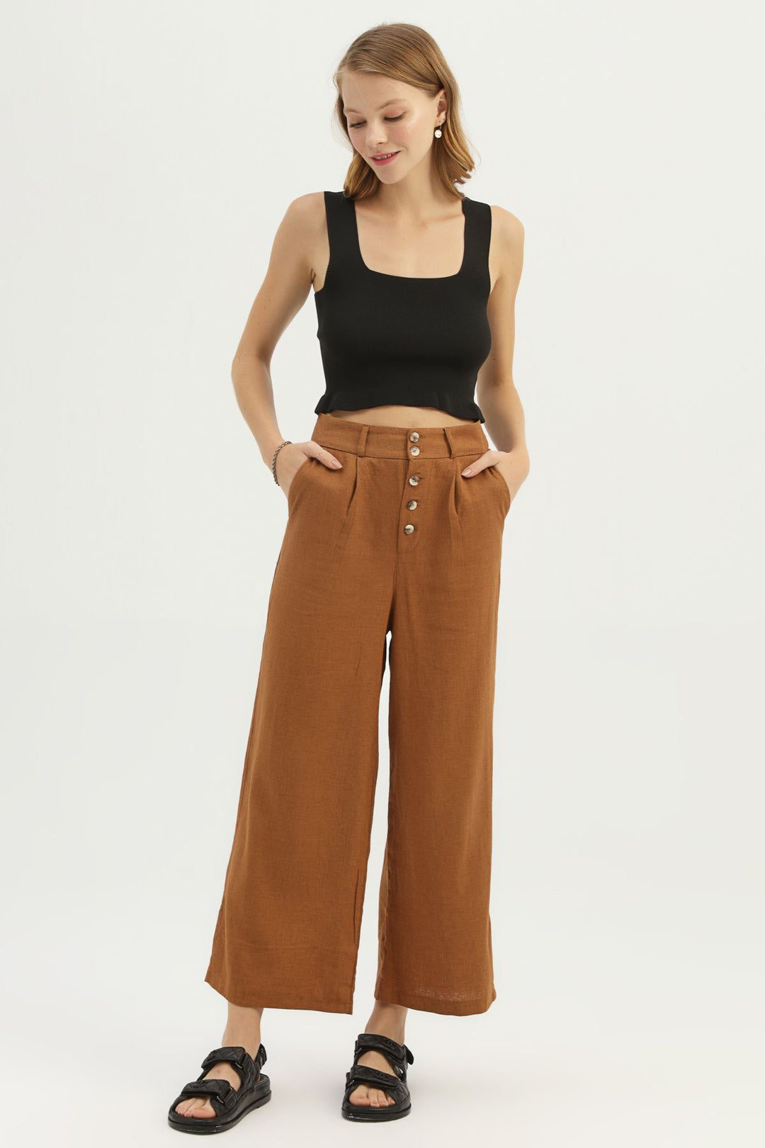 Linen Loose Trousers Brown