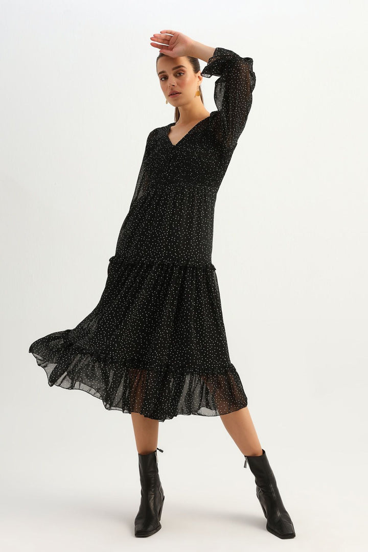 Polka Dot V Neck Gipele Dress Black