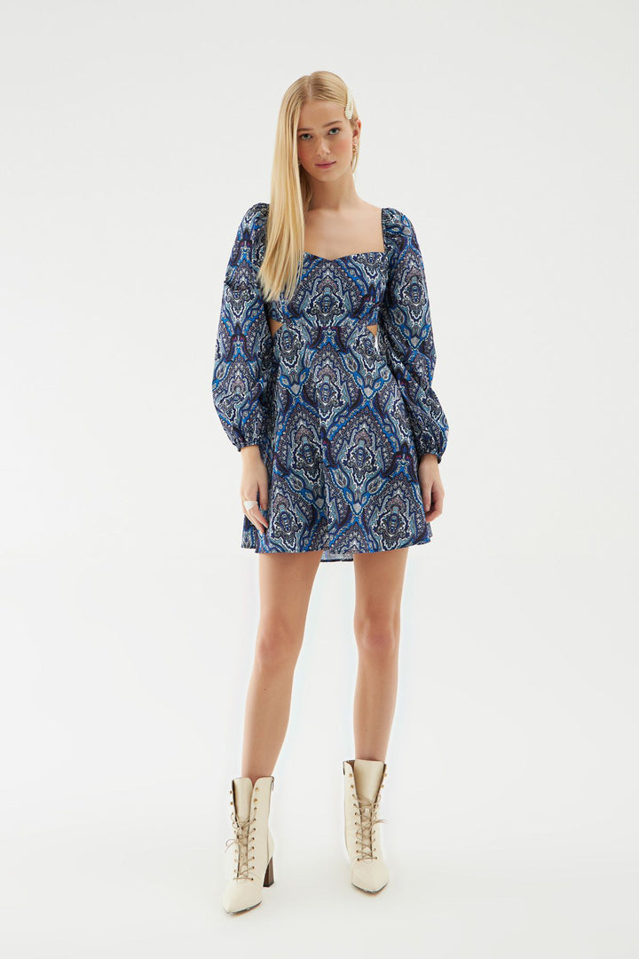 Cut Out Patterned Mini Dress Navy Blue