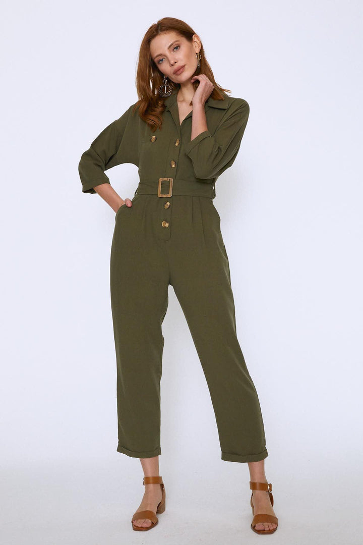 Beli Kuşaklı V Yaka Tulum Haki