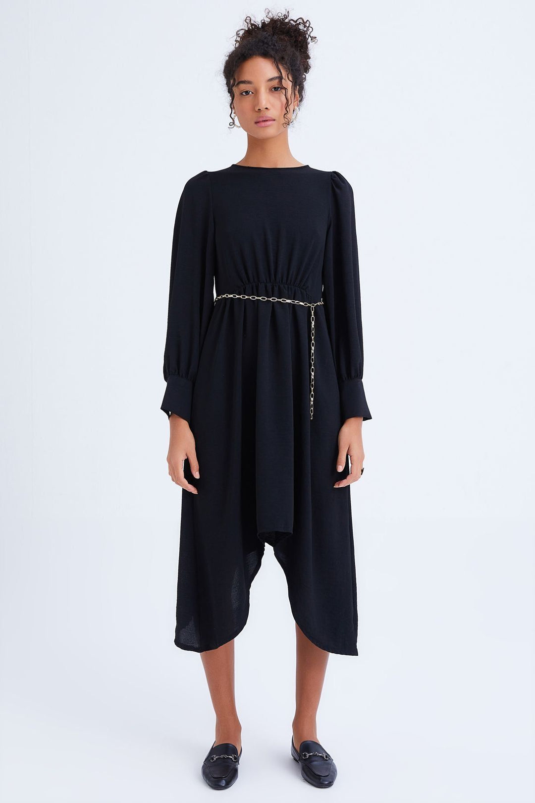 Chain Belt Asymmetrical Dress Black