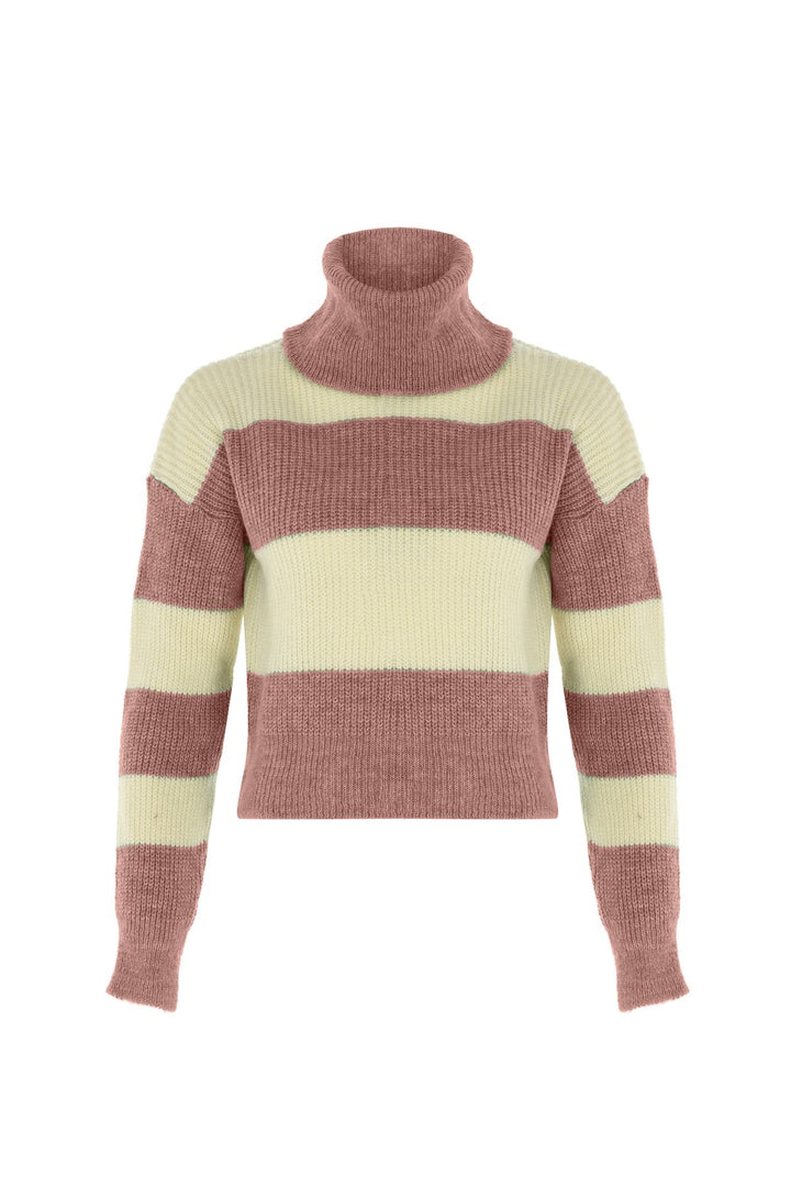 Çizgili Triko Kazak Koyu Pudra