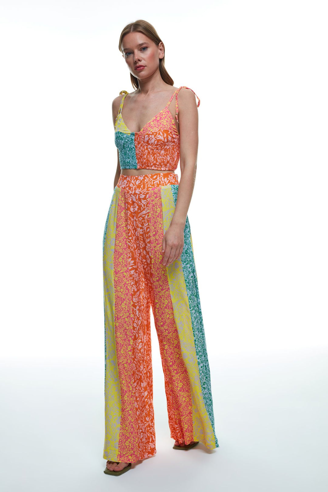 Colorful Patterned Wide Leg Trousers Yellow