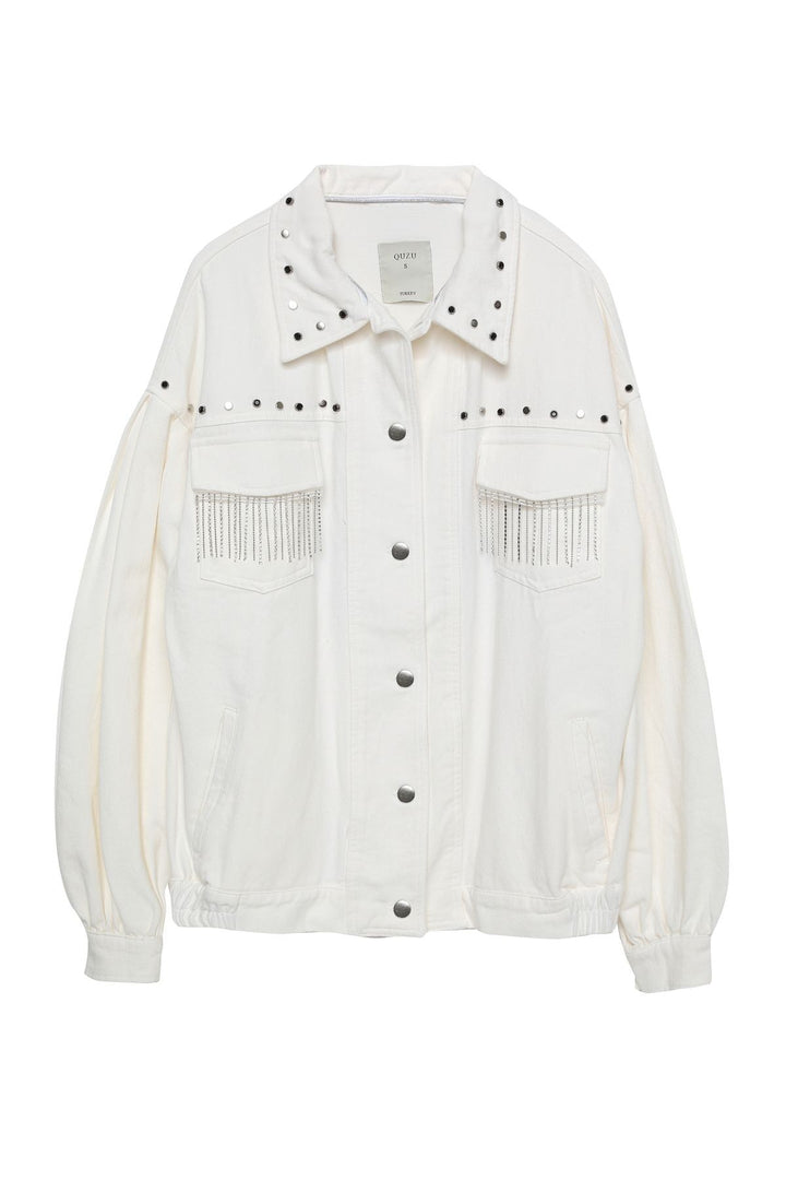 Back Stone Detailed Denim Jacket Ecru