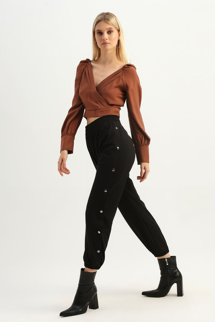 Balon Kol Kruvaze Crop Bluz Kahverengi